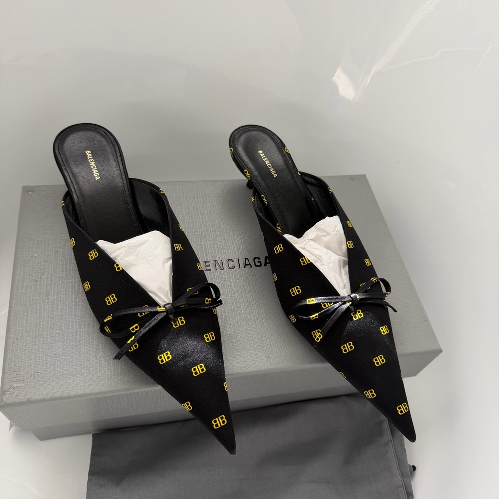 Balenciaga Black Mules with Yellow Logo